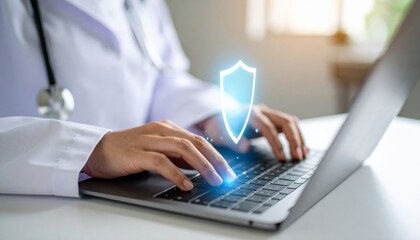 A person in a lab coat uses a laptop, with a digital shield icon symbolizing cybersecurity or data protection.
