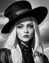 Portrait of a girl in a top hat. Black and white background.