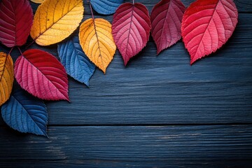 Fototapeta premium Autumn leaves on dark blue wood surface, top border. Great for seasonal designs, backgrounds, and celebrations.