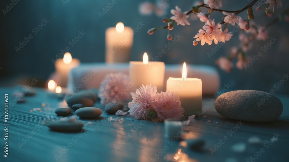 Poster serene spa setting with lit candles, smooth grey stones, and delicate pink flowers, creating a tranq