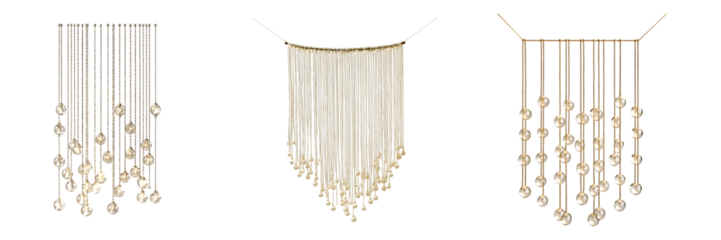 Collection of Elegant Ornamental Hanging Beads in Gold and Bronze on, transparent background, cutout, png