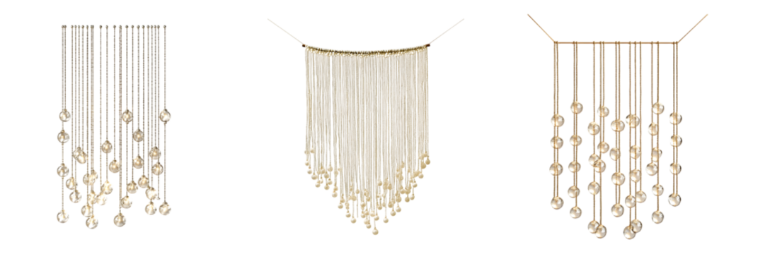 Collection of Elegant Ornamental Hanging Beads in Gold and Bronze on, transparent background, cutout, png