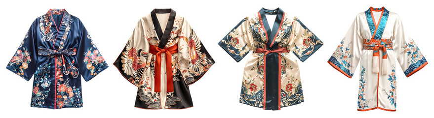 Naklejka premium Set of various colors Chic satin kimono robe with an intricate pattern, transparent background, cutout, png