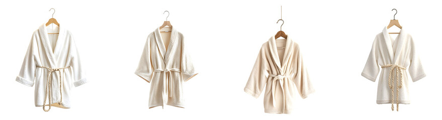 Luxurious White Bathrobe on Wooden Hanger – Soft Spa Wear PNG Cutout
