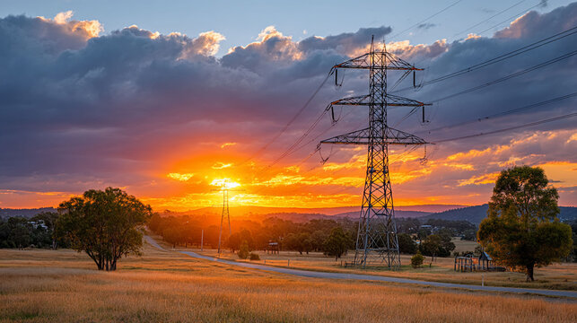 Golden sunset over fields with transmission towers and powerlines casting shadows