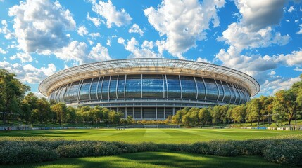 Fototapeta premium Spacious stadium structure under a vibrant summer sky.