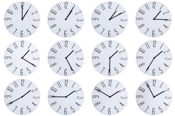 A set of 12 Minimalist Round wall clocks showing time from 01:00 to 01:55 or 13:00 to 13:55....