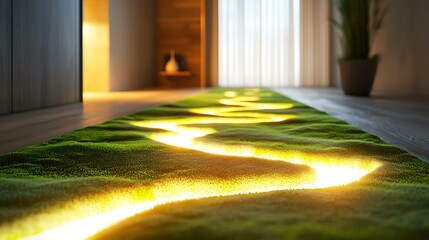 Fototapeta premium A reactive rug that glows gently where someone steps, powered by foot pressure, with a moss-texture design feel, future-home detail, 8K sharp render