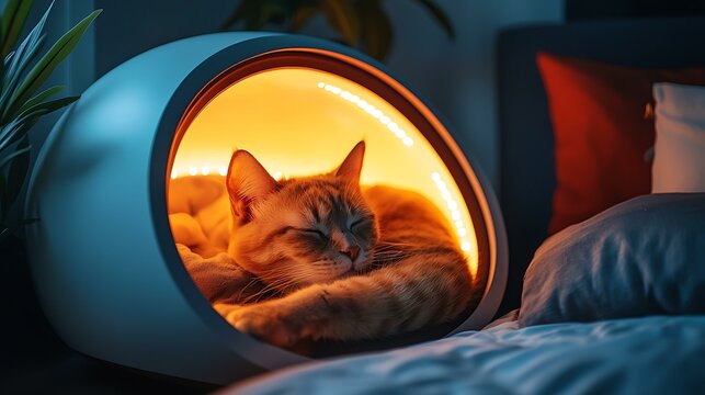 A pet pod with hover ventilation, glowing softly as interior adjusts to animal body heat, sleek corner installation, 8K clarity