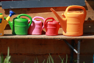 Naklejka premium A row of colorful garden watering cans sit on a wooden bench