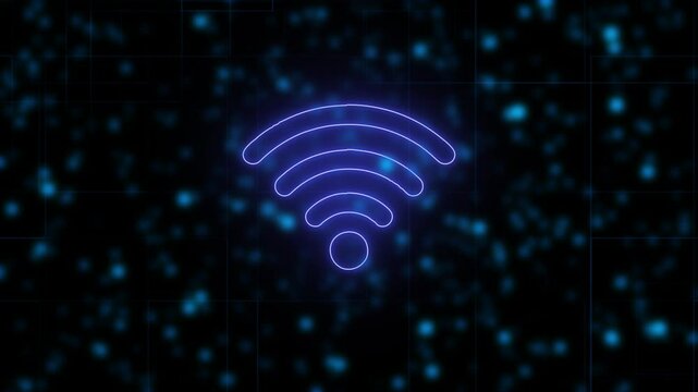 WiFi flashing signal animation. wlan lan network wireless icon. Futuristic glowing low polygonal wifi symbol, Flashing wi-fi signal icons animation on dark background.