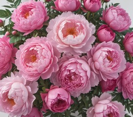 Fototapeta premium Vibrant pink peonies and roses, lush bouquet, white backdrop , spring, pastel, anniversary