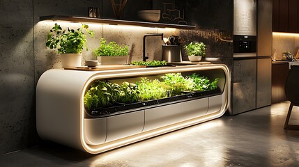 A nano-garden sink built into a futuristic cooking area, growing edible herbs with internal LED guidance system, clean and seamless design, 8K ultra-detailed