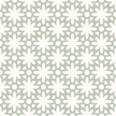 Vector geometric floral ornament. Abstract seamless pattern with bold flower silhouettes, rounded shapes, grid, lattice. Simple light green and white background. Subtle texture. Repeated geo design