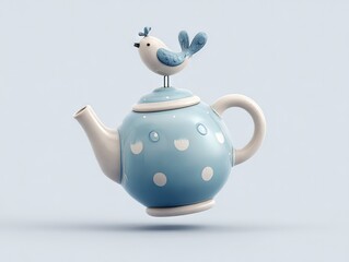 Blue polka-dot teapot floating mid-air with tiny bird figurine, light blue gradient background enhancing minimalist whimsy.