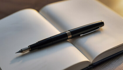 A sleek black fountain pen lies on an open planner, illuminated by the warm glow of golden hour lighting.