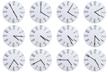 A set of 12 Minimalist Round wall clocks showing time from 04:00 to 04:55 or 16:00 to 16:55....