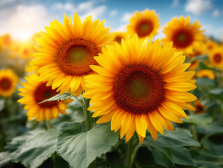 Fototapeta premium a vast field of bright yellow sunflowers under a clear blue summer sky.