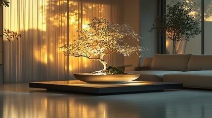 A minimalist digital bonsai garden projected as volumetric light on a matte black platform, interactive but non-tangible, elegant decor concept, 8K clarity
