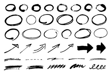 手描きの楕円、矢印、線のセット。落書き風の装飾。図形のベクターイラスト。
