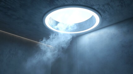 A minimalist ceiling vent with circular breathing glow, releasing programmable aromatherapy vapor patterns, futuristic home spa detail, 8K sharp render