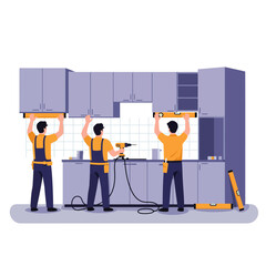 Workers Installing Kitchen Cabinets with Drill and Leveling Tools