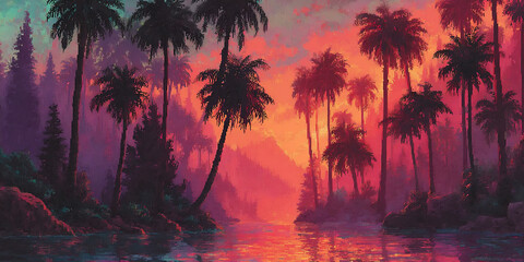 Fototapeta premium tall palm trees silhouetted against a colorful tropical sunset over a calm ocean.