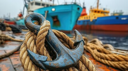 Fototapeta premium A close-up of a blue anchor with rust and coiled rope, colorful boats docked in a misty harbor.