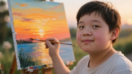 Young Artist Painting Sunset: Creative Expression Stock Photo