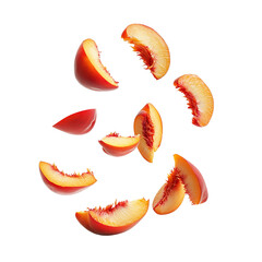 Juicy nectarine slices floating in mid-air, bursting with freshness and vibrant color. The sections, with their reddish-orange hues, create a dynamic and appetizing visual.