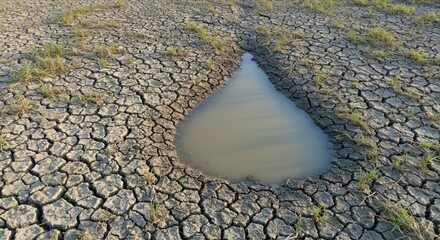 Dried cracked earth with puddle