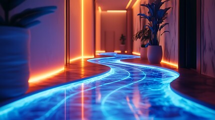 A color-adaptive floor embedded with low-energy plasma glow, reacts to footsteps with radiant wave trails, futuristic interior ambiance, 8K ultra-detailed