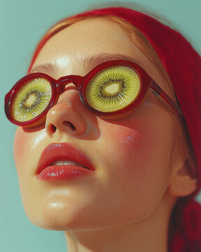 A glossy close-up of a woman wearing kiwi slice sunglasses under bright sunlight. Tropical fashion fantasy with a fresh fruit-inspired concept.