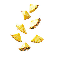 Freshly cut pineapple slices falling gracefully in mid-air, showcasing the vibrant yellow fruit. The composition highlights the tropical fruit, offering a visual treat.