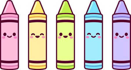 Cute cartoon crayons set. Colorful crayons with kawaii faces. Vector clipart illustration. © sudowoodo