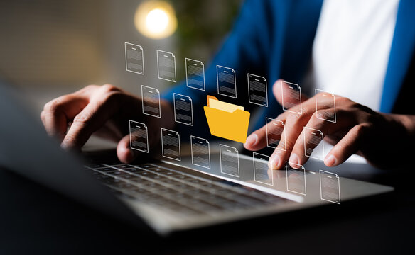Online documentation database and process automation to efficiently manage files. Digital data document management system (DMS), knowledge documentation in enterprise. Corporate business technology.