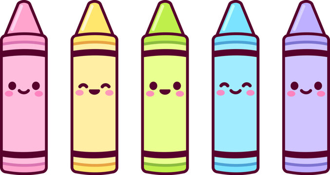 Cute cartoon crayons set. Colorful crayons with kawaii faces. Vector clipart illustration.