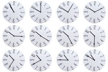 A set of 12 Minimalist Round wall clocks showing time from 10:00 to 10:55 or 22:00 to 22:55....
