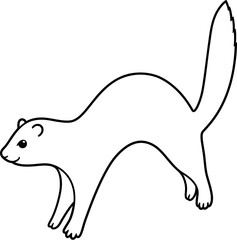 Funny playful jumping ferret drawing, black and white line art illustration.