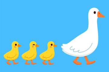 Cute cartoon goose mom walking with three baby goslings. Simple drawing, vector illustration.