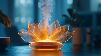 A holographic scent diffuser in the shape of a flower, pulsing with light and vapor trails, placed in a smart wellness room, 8K clarity