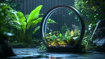A circular home recycling ring with gesture-sensitive glowing panels, fully sealed unit, futuristic environmental automation, 8K ultra-detailed