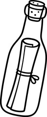 Message in a bottle drawing. Black and white line art, simple hand drawn doodle vector illustration.
