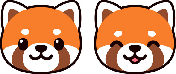 Cute cartoon red panda face drawing, two expressions. Kawaii icon or logo, vector clip art illustration.