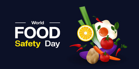 World Food Safety Day. Potato, chili, lemon, eggplan,  tomato, carrot, egg and spring onion. Great for posters, banners, social media and more. Dark background.