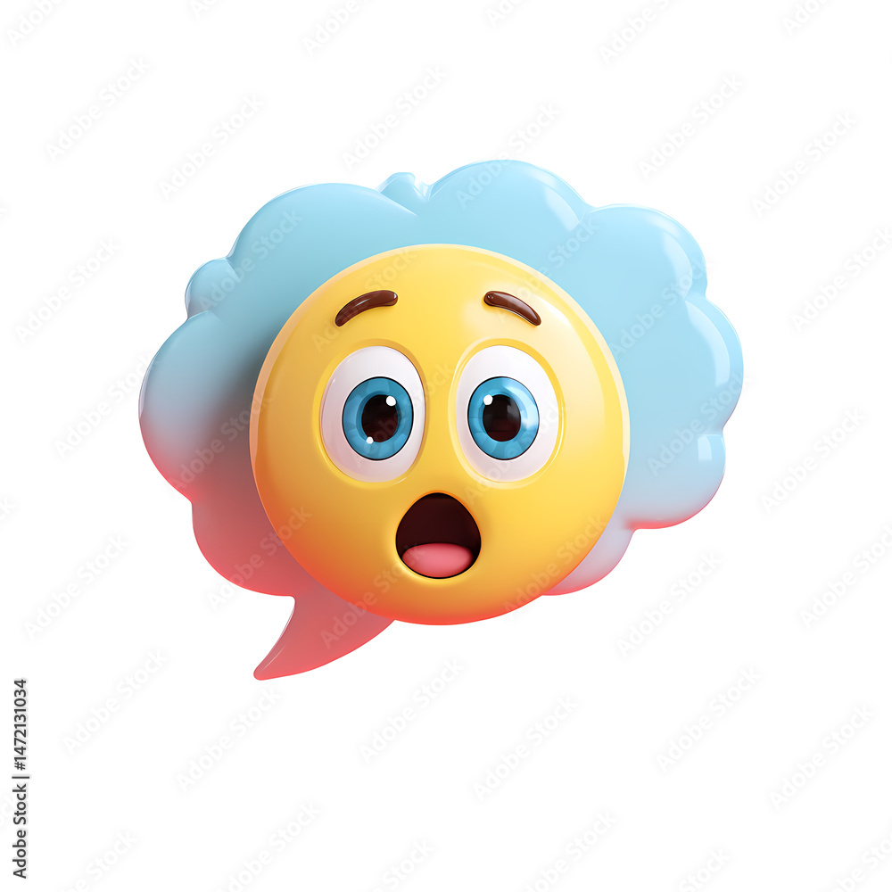 Poster 3d render of a surprised emoticon in a speech bubble on transparent background