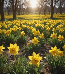 Obraz premium Sunlit field of vibrant yellow daffodils in full bloom , close-up, garden