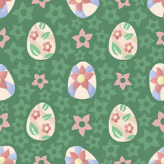 Vector seamless pattern with decorative easter eggs and pink flowers on a green background