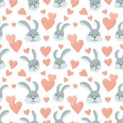 Seamless pattern with funny bunnies and hearts