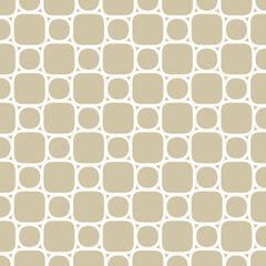 Abstract golden geometric seamless pattern with curved lines, circles, squares, triangles, mesh, grid. Simple texture. Gold and white background. Repeated vector design for decor, textile, wrapping